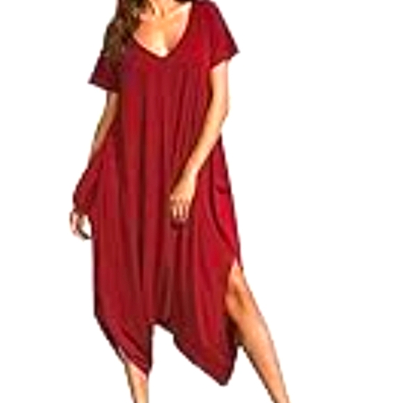 Auxo Red Jumper Harem Jumpsuit Short Sleeve One piece Loose Baggy Romper Sz S - Picture 1 of 7